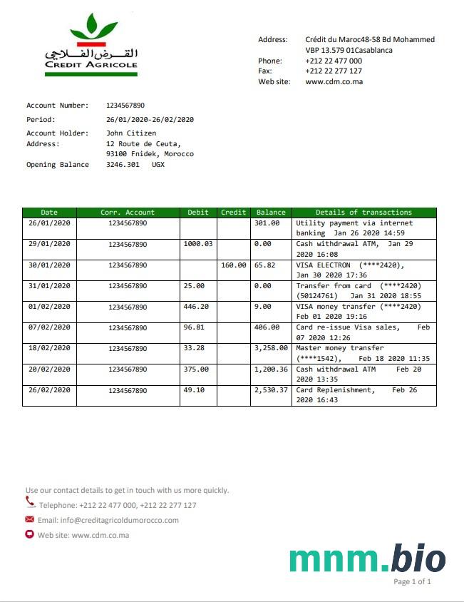 Morocco Credit Agricole Bank statement szablon Worda i PDF